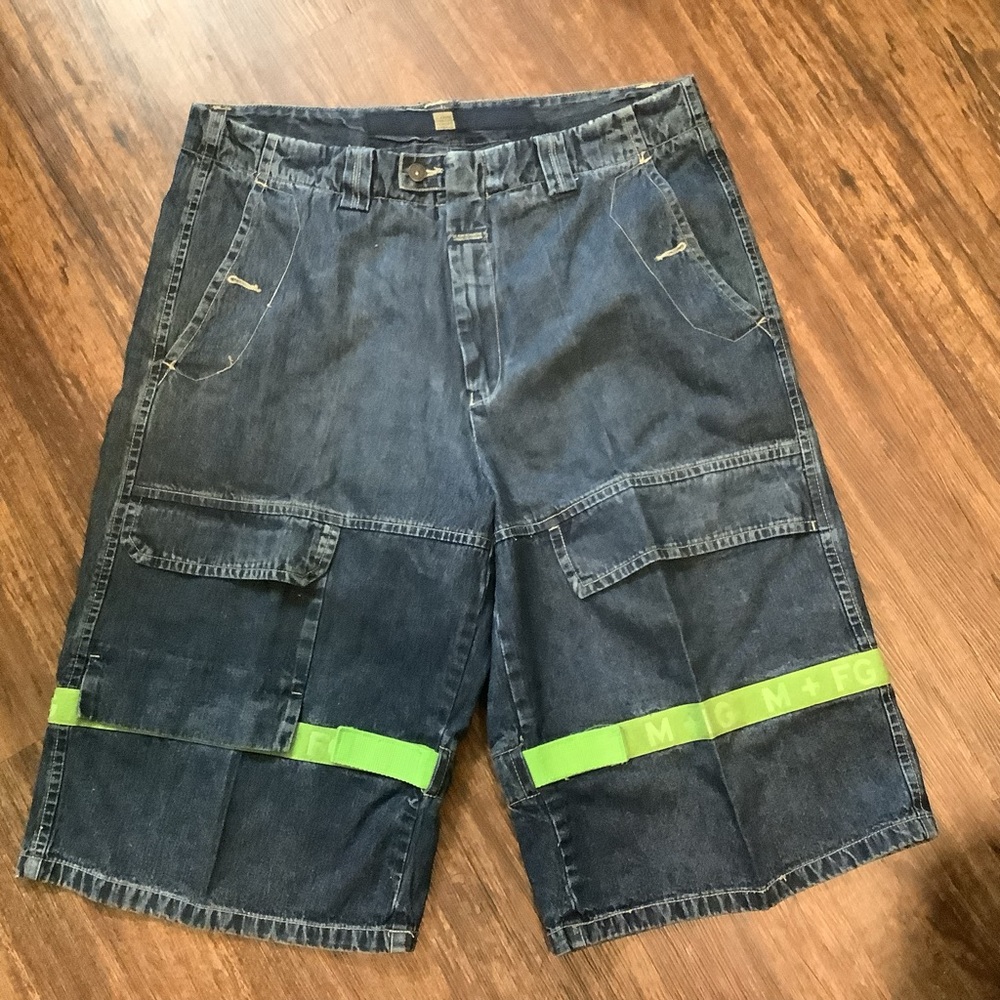 Marithe Francois Girbaud Vintage Denim Cargo Shorts Baggy 90s Blue Neon Green 36
